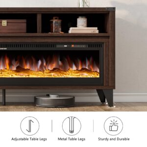 LUXOAK 65“ Fireplace TV Stand, Farmhouse Entertainment Center with 60" Tempered Glass Electric Fireplace, Industrial Media Console with Open Storage Space for TVs up to 75", Espresso