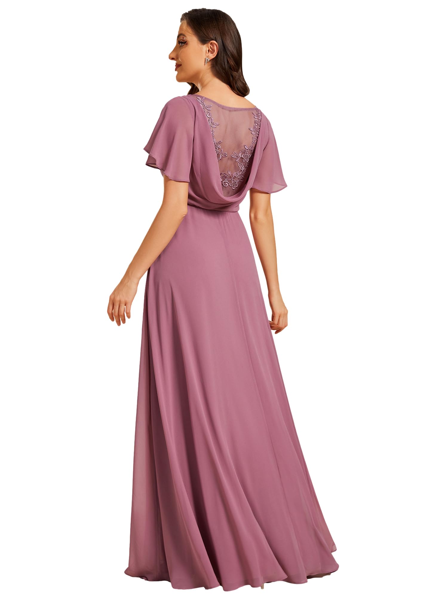 Ever-Pretty Women's Elegant Chiffon Appliques A Line V Neck High Slit Bridesmaid Dress Orchid US12