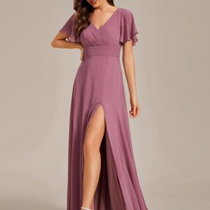 Ever-Pretty Women's Elegant Chiffon Appliques A Line V Neck High Slit Bridesmaid Dress Orchid US12