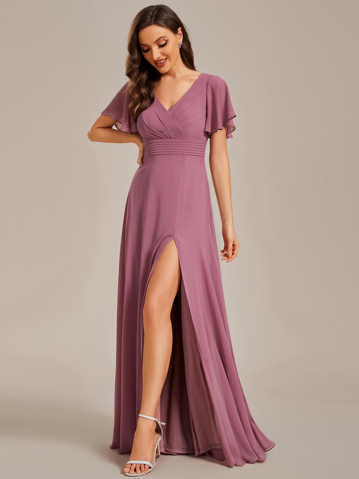 Ever-Pretty Women's Elegant Chiffon Appliques A Line V Neck High Slit Bridesmaid Dress Orchid US12