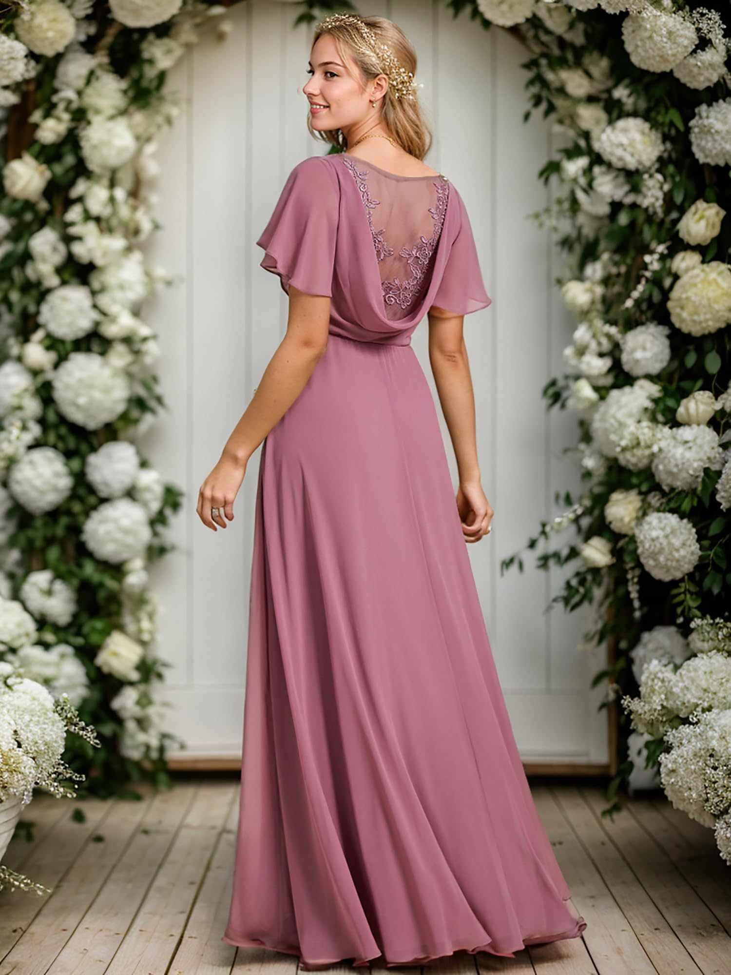 Ever-Pretty Women's Elegant Chiffon Appliques A Line V Neck High Slit Bridesmaid Dress Orchid US12