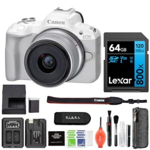 canon eos r50 mirrorless camera with 18-45mm lens kit (white) with advanced accessory and travel bundle | 5812c012 | canon eos r50