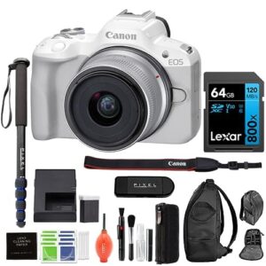 canon eos r50 mirrorless camera with 18-45mm lens kit (white) with advanced accessory and travel bundle | 5812c012 eos r50