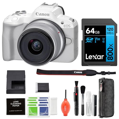 Canon EOS R50 Mirrorless Camera with 18-45MM Lens Kit (White) with Advanced Accessory and Travel Bundle | 5812C012 | canon eos r50