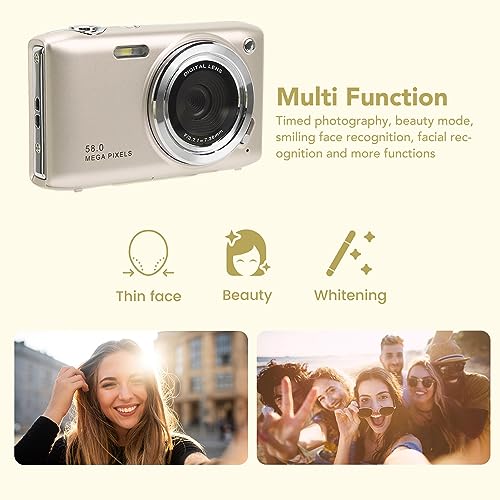 4K Digital Camera, 58MP 16X Zoom Auto Focus Vlogging Camera, Kids Compact Camera with 2.88Inch HD TFT Screen, Face Recognition, Timing Function, Fixed Focus Macro (Gold Color)