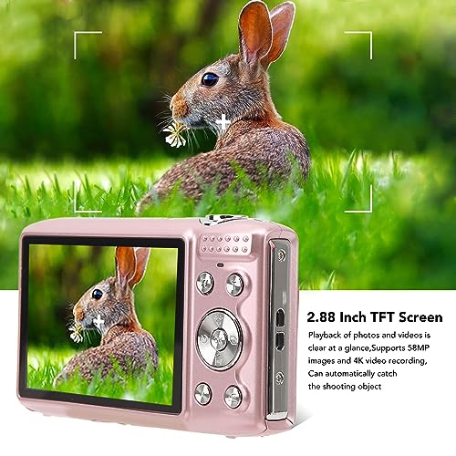 4K Digital Camera, 58MP 16X Zoom Auto Focus Vlogging Camera, Kids Compact Camera with 2.88Inch HD TFT Screen, Face Recognition, Timing Function, Fixed Focus Macro (Pink)