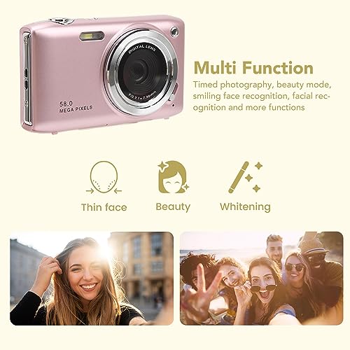 4K Digital Camera, 58MP 16X Zoom Auto Focus Vlogging Camera, Kids Compact Camera with 2.88Inch HD TFT Screen, Face Recognition, Timing Function, Fixed Focus Macro (Pink)