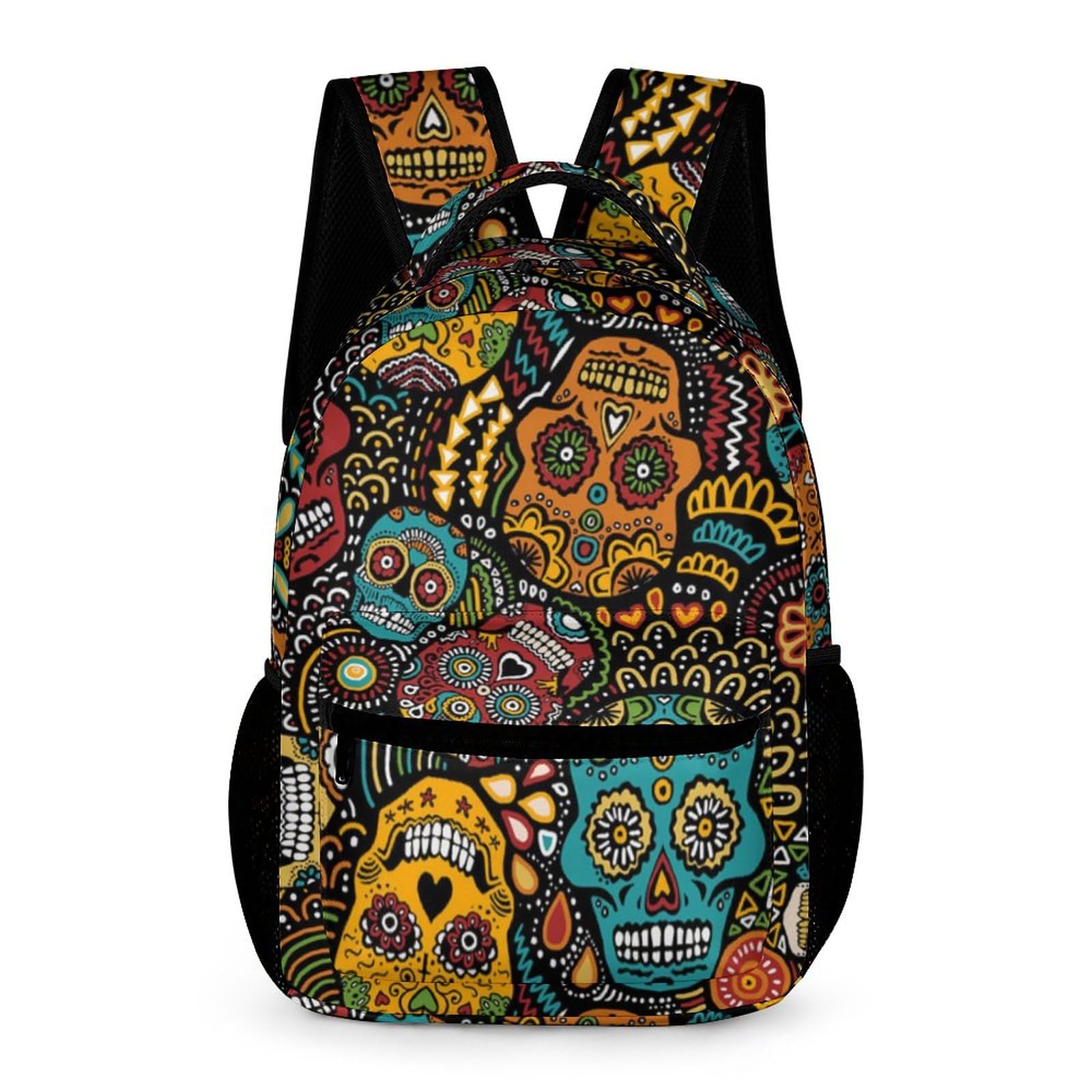 Mexican Sugar Skulls Print Backpack Causal Daypack Lightweight Laptop Backpack for Men Women 12.6 X 5.9 X 16.2 Inch