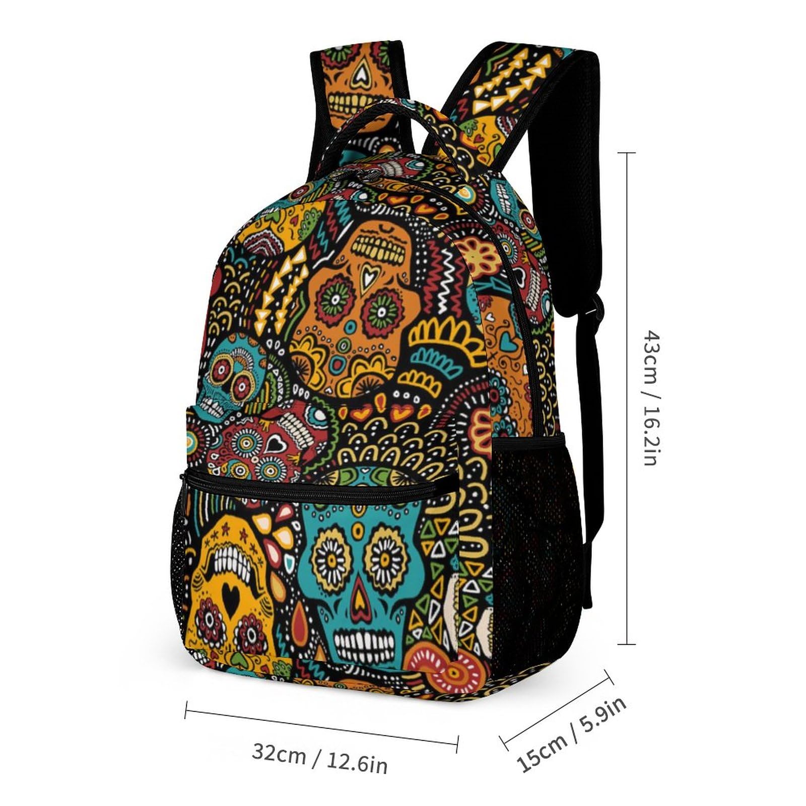 Mexican Sugar Skulls Print Backpack Causal Daypack Lightweight Laptop Backpack for Men Women 12.6 X 5.9 X 16.2 Inch