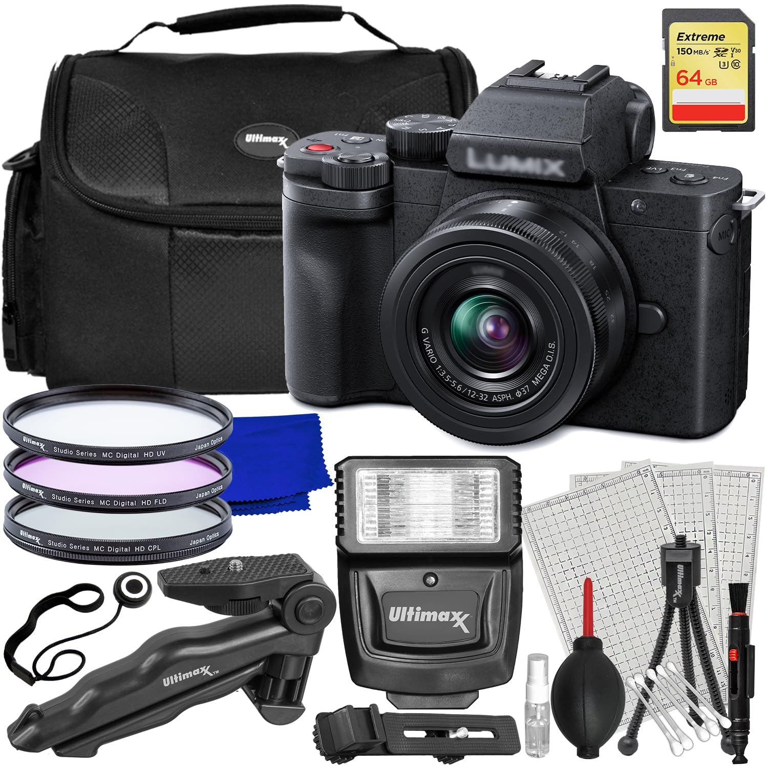 Ultimaxx Essential Panasonic Lumix G100 Mirrorless Camera with 12-32mm Lens Bundle - Includes: 64GB Extreme SDXC, 3PC Protective Filter Kit, Mini Tabletop Tripod, Digital Flash & More (19pc Bundle)