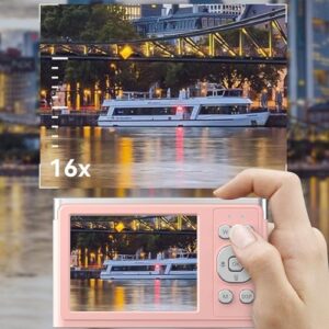 Digital Camera, HD Digital Camera Built in Fill Light 16X Zoom Antishaking Plastic for Outdoor (Pink)