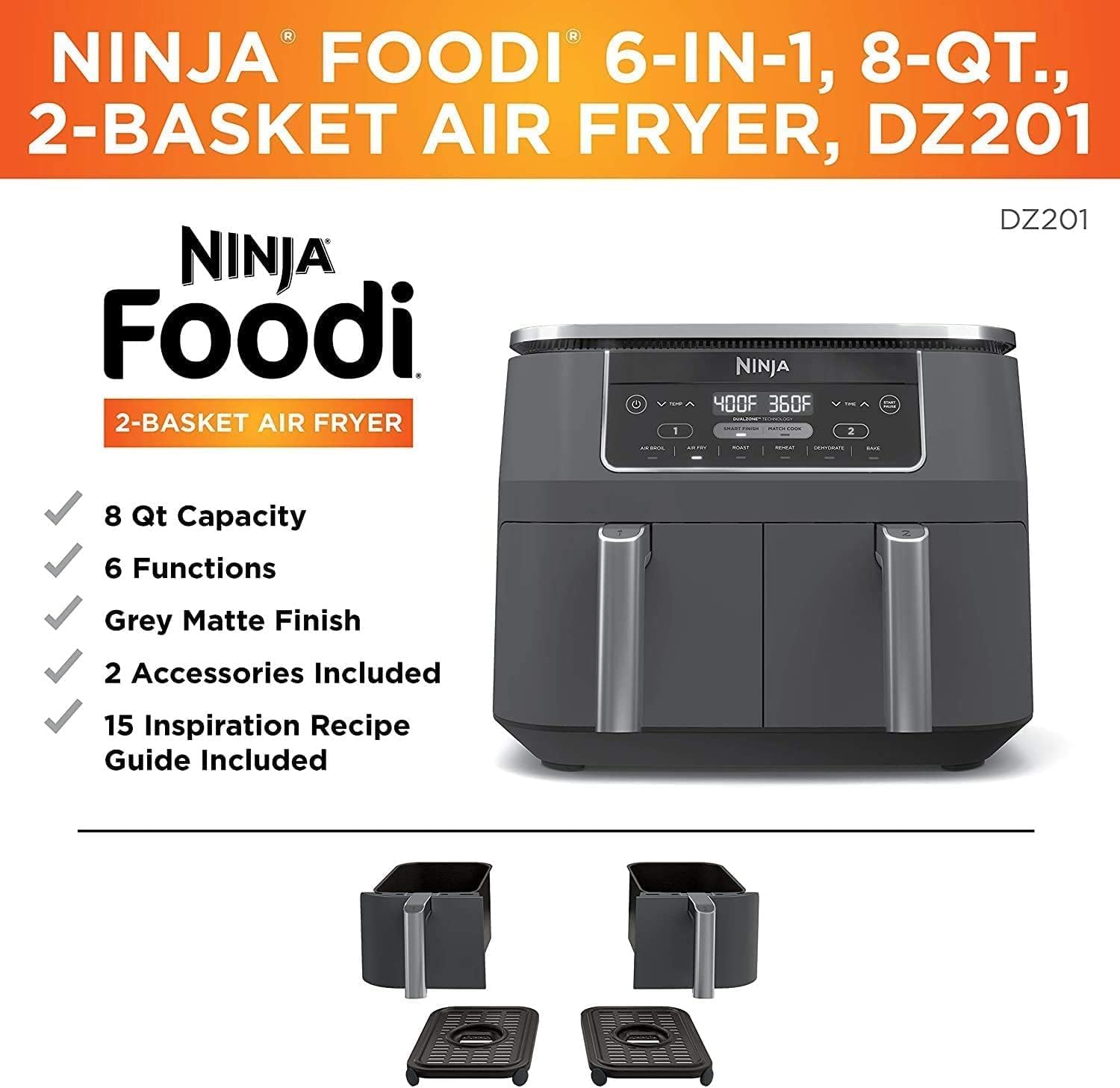 Ninja DZ100 Foodi 4-in-1, 8-qt., 2-Basket Air Fryer with DualZone Technology, DZ100 8-qt BLACK