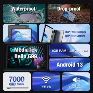 AGM PAD P1 Waterproof Android Tablet, 10.36-inch Rugged Tablet, Drop-proof/Dustproof, 2K Display FHD+ IPS, Android 13, MTK G99 Chipset, Dual Box Stereo Speakers, 7000mAh, 8+256GB, GPS, 5G WiFi, NO SIM
