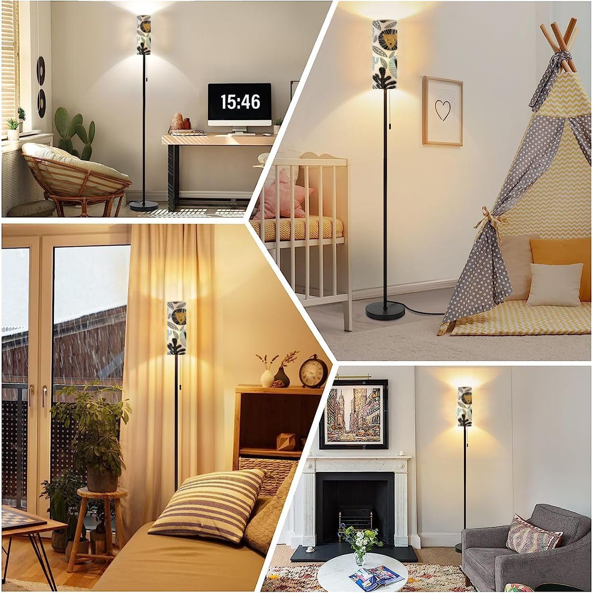 Modern Standing Lamps childish pattern lion tropical branches kids texture for Minimalist Floor Lamp Metal Pole Lamp with Linen Lampshade for Bedroom Living Room Office Nursery Reading Foot Switch