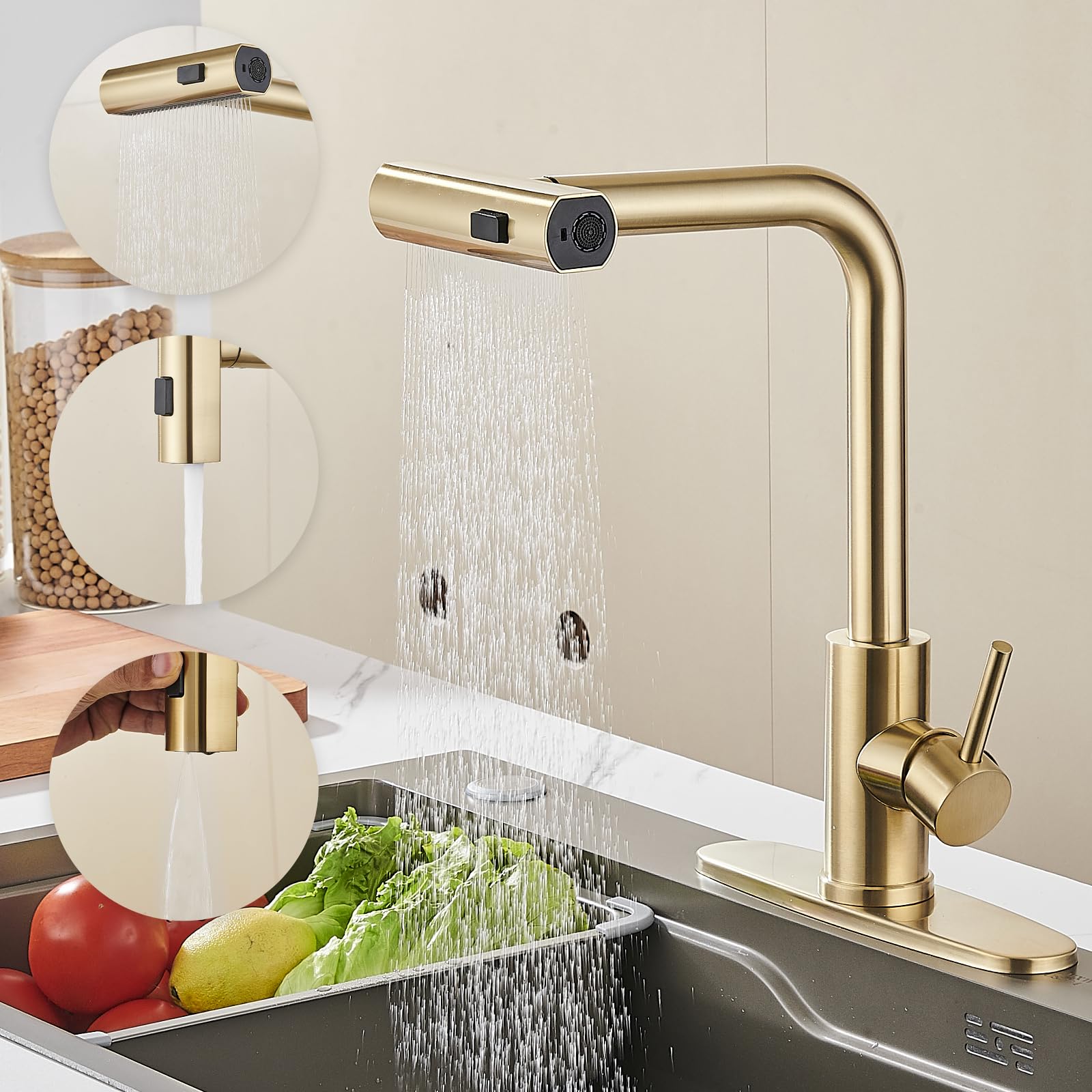 AVSIILE Kitchen Faucet with Pull Down Sprayer, Brushed Gold Waterfall Touch Single Hole Handle Stainless Steel Kitchen Sink Faucets, Commercial Modern Faucets for Kitchen Sinks with Pull-Down Sprayer