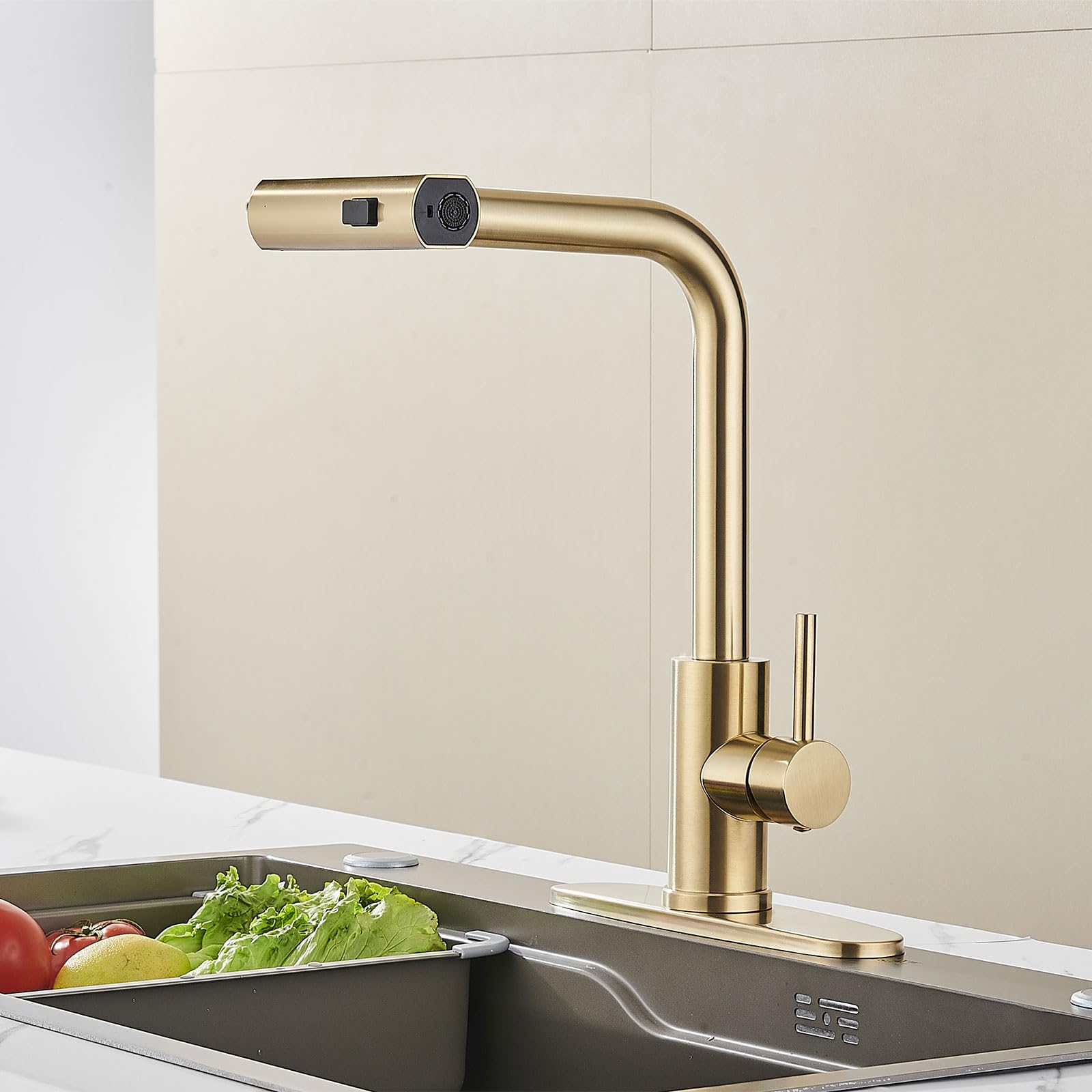 AVSIILE Kitchen Faucet with Pull Down Sprayer, Brushed Gold Waterfall Touch Single Hole Handle Stainless Steel Kitchen Sink Faucets, Commercial Modern Faucets for Kitchen Sinks with Pull-Down Sprayer