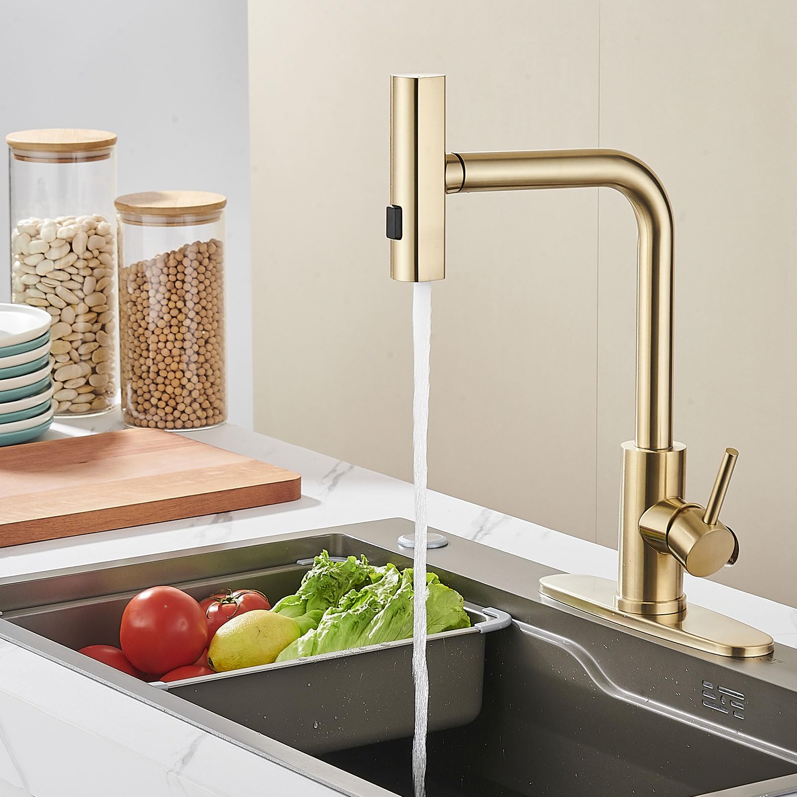 AVSIILE Kitchen Faucet with Pull Down Sprayer, Brushed Gold Waterfall Touch Single Hole Handle Stainless Steel Kitchen Sink Faucets, Commercial Modern Faucets for Kitchen Sinks with Pull-Down Sprayer