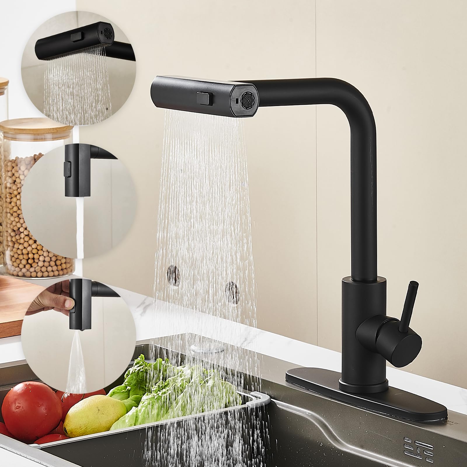 AVSIILE Kitchen Faucet with Pull Down Sprayer, Black Waterfall Touch Single Hole Stainless Steel Kitchen Sink Faucets, Commercial Modern Single Handle Faucets for Kitchen Sinks with Pull-Down Sprayer