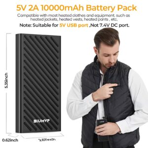 BIUMVP Heated Vest Battery Pack,10000mAh 5V 2A Power Bank Specially Designed for Heated Jacket, Heated Clothes,Heated Coat,Heated Pants.