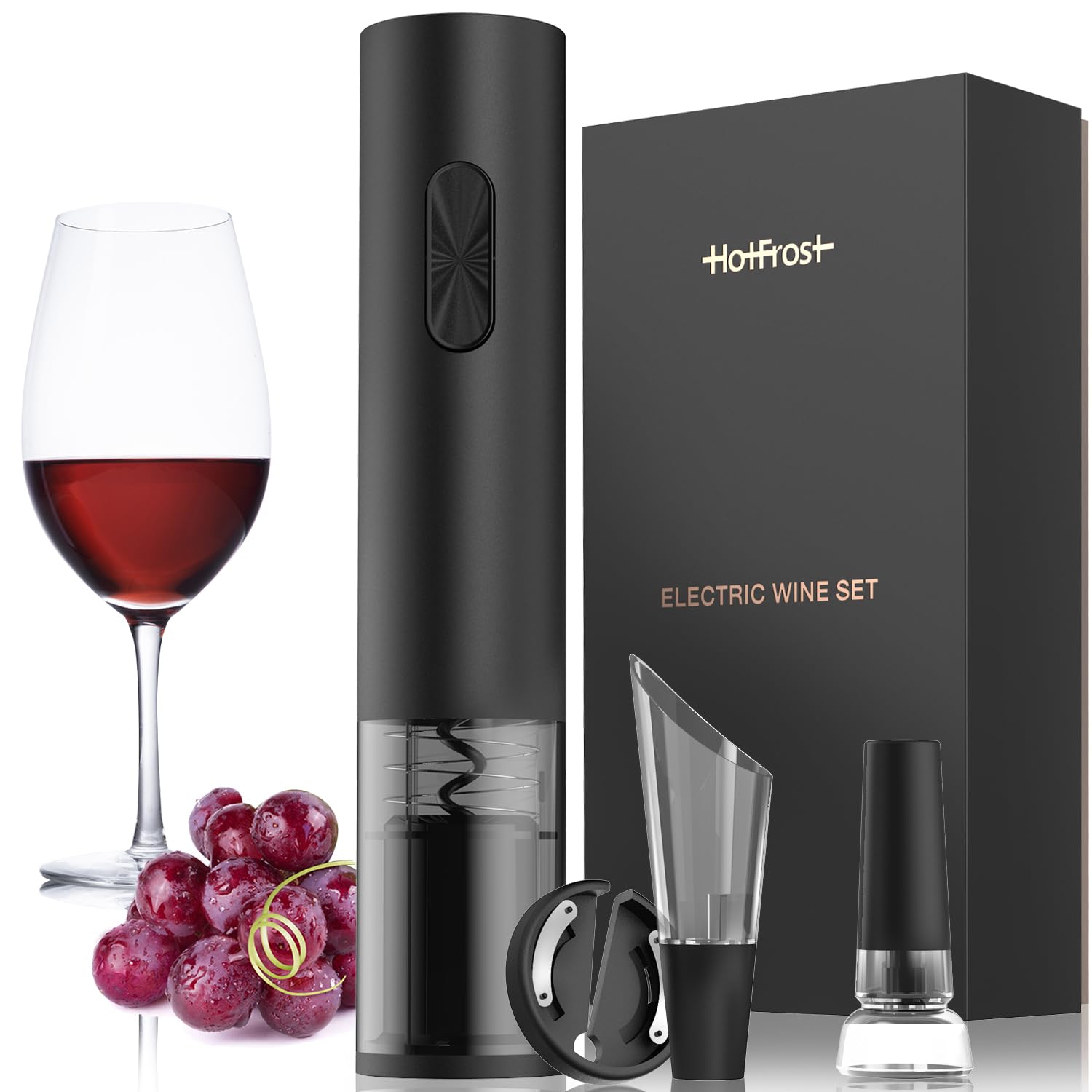 HotFrost Electric Wine Opener – Wine Bottle Opener Kit with Foil Cutter, Wine Aerator, Vacuum Stopper – Battery-Operated Corkscrew Wine Opener – Cordless Automatic Wine Opener – Birthday Wine Gift Set