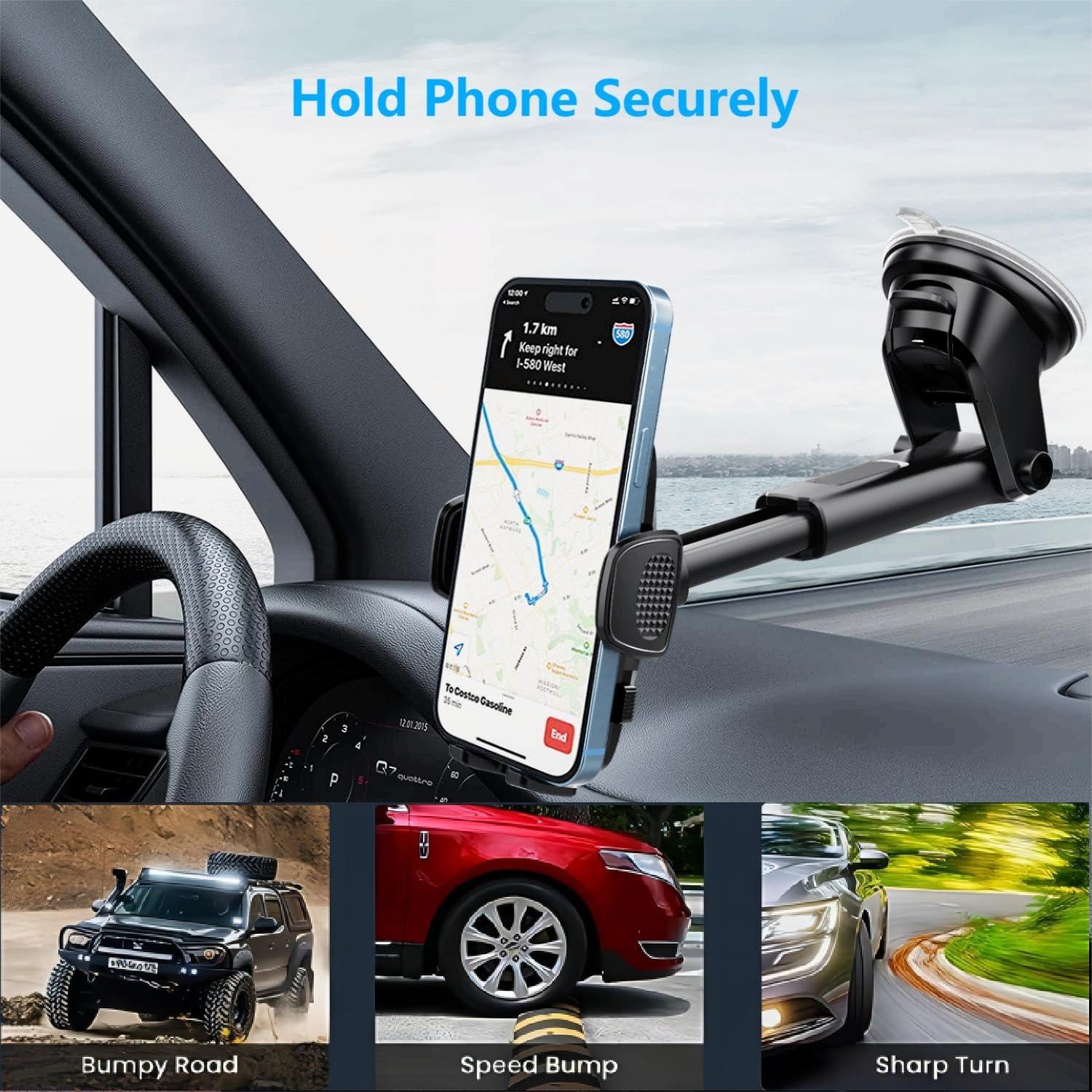 Phone Dash Mount for Car, Phone Holder for Car Windshield Dashboard Window, Gun Mount Hands Free Universal Automobile Cell Phone Holder Fit for iPhone Smartphones