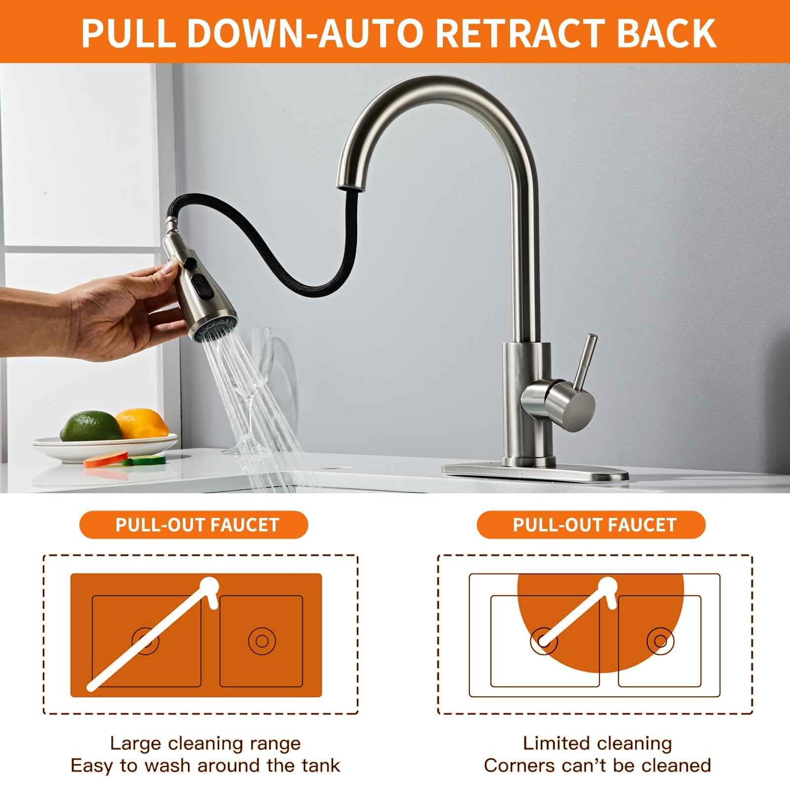 LOUEVIDO Kitchen Faucet with Pull Down Sprayer Brushed Nickel, High Arc Single Handle Sink Deck Plate, Commercial Modern rv Stainless Steel Faucets, Grifos De Cocina