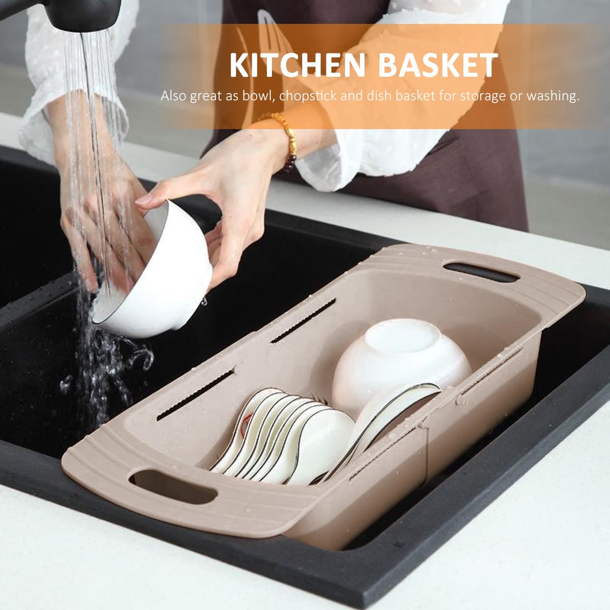 Extendable Colander Strainer Basket Over the Sink - Retractable Kitchen Sink Basket to Wash Vegetables and Fruits Khaki