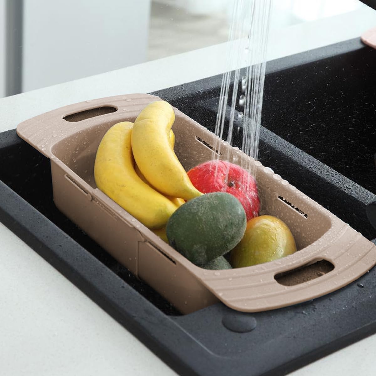 Extendable Colander Strainer Basket Over the Sink - Retractable Kitchen Sink Basket to Wash Vegetables and Fruits Khaki