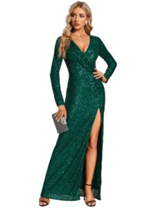 ever-pretty women's sequin thigh high slit v neck long sleeves formal dresses for party dark green us18