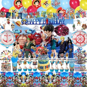 224pcs anmie birthday party supplies, anmie birthday party decorations for 10 guests, include banner, cake & cupcake topper, swirls, backdrop, tablewares, balloons and stickers for kids party favors