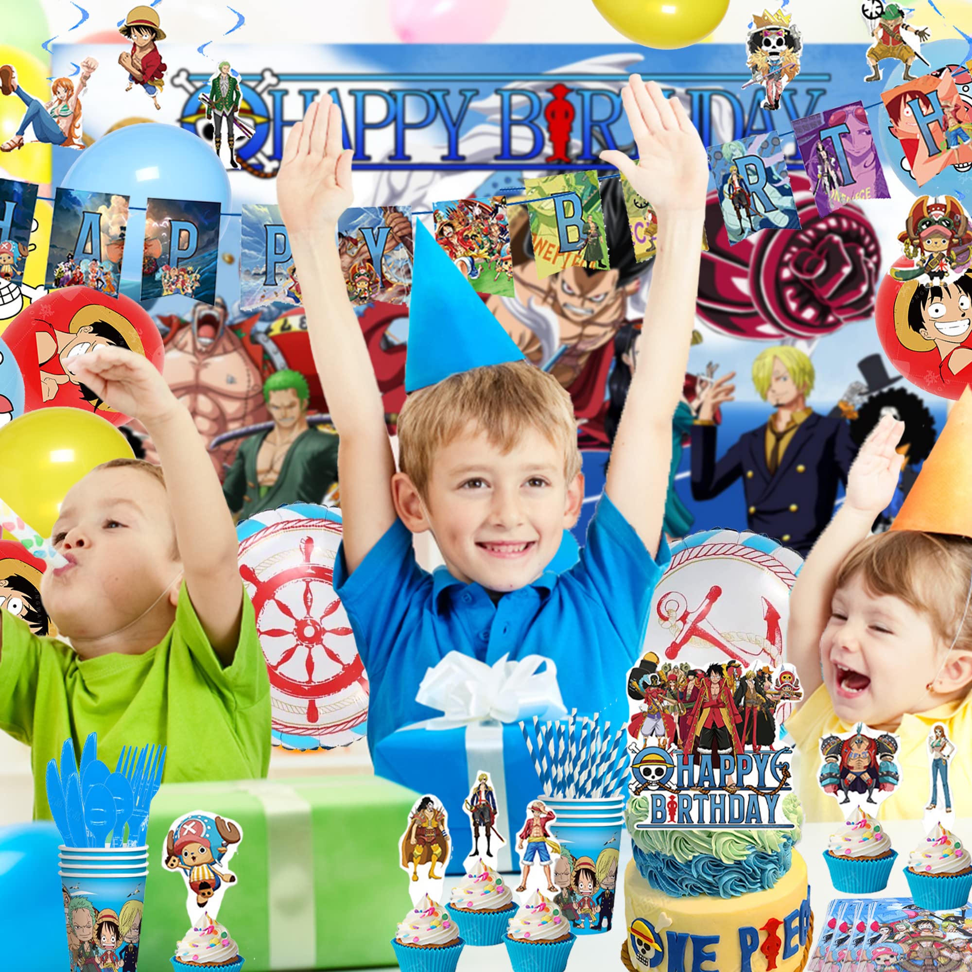 224Pcs Anmie Birthday Party Supplies, Anmie Birthday Party Decorations for 10 Guests, Include Banner, Cake & Cupcake Topper, Swirls, Backdrop, Tablewares, Balloons and Stickers for Kids Party Favors