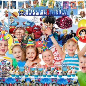 224Pcs Anmie Birthday Party Supplies, Anmie Birthday Party Decorations for 10 Guests, Include Banner, Cake & Cupcake Topper, Swirls, Backdrop, Tablewares, Balloons and Stickers for Kids Party Favors