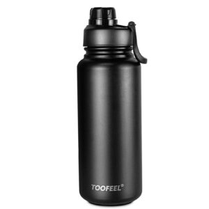 toofeel 32 oz insulated water bottle - double walled stainless steel metal water bottle for cold hot drink, leak proof, chug lid, wide mouth thermal cups for men, women & kids midnight black