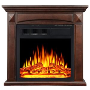 zafro electric fireplace mantel,package freestanding fireplace heater,brown wooden exterior frame,overheat protection,remote control temperature,brown