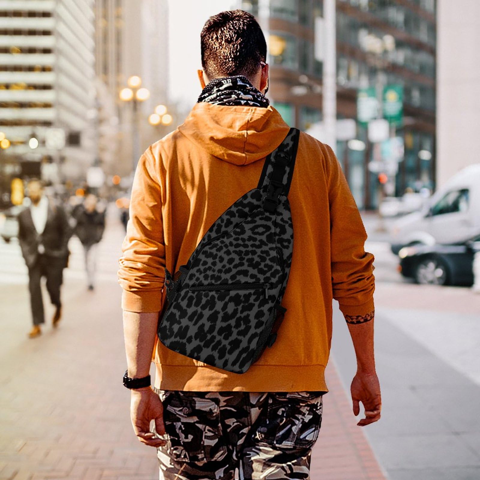 Small Sling Backpack for Men Women, Dark Gray Black Leopard Cheetah Print Chest Bag Sports Gym Daypack Cross Body Bag for Hiking Traveling Outdoors