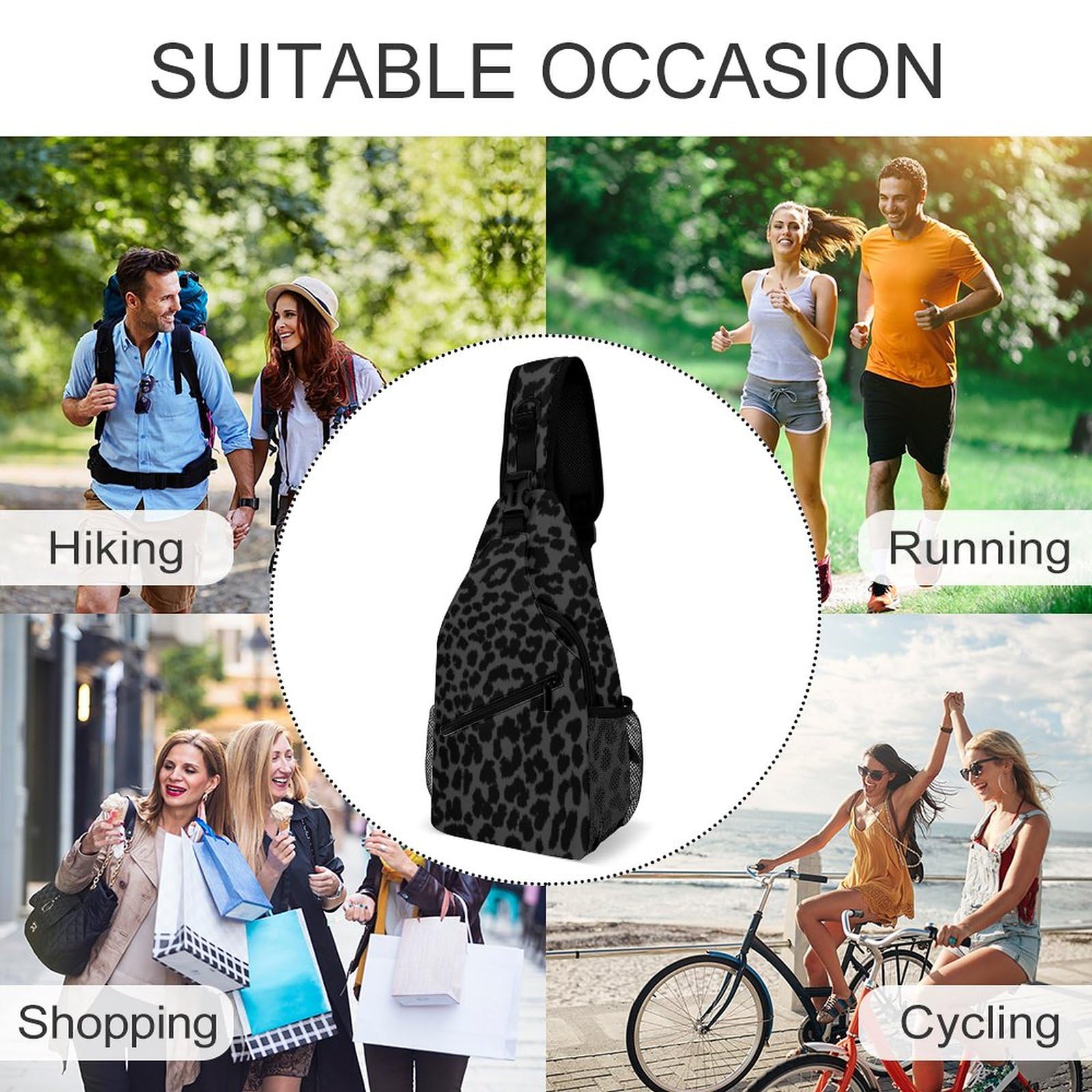 Small Sling Backpack for Men Women, Dark Gray Black Leopard Cheetah Print Chest Bag Sports Gym Daypack Cross Body Bag for Hiking Traveling Outdoors