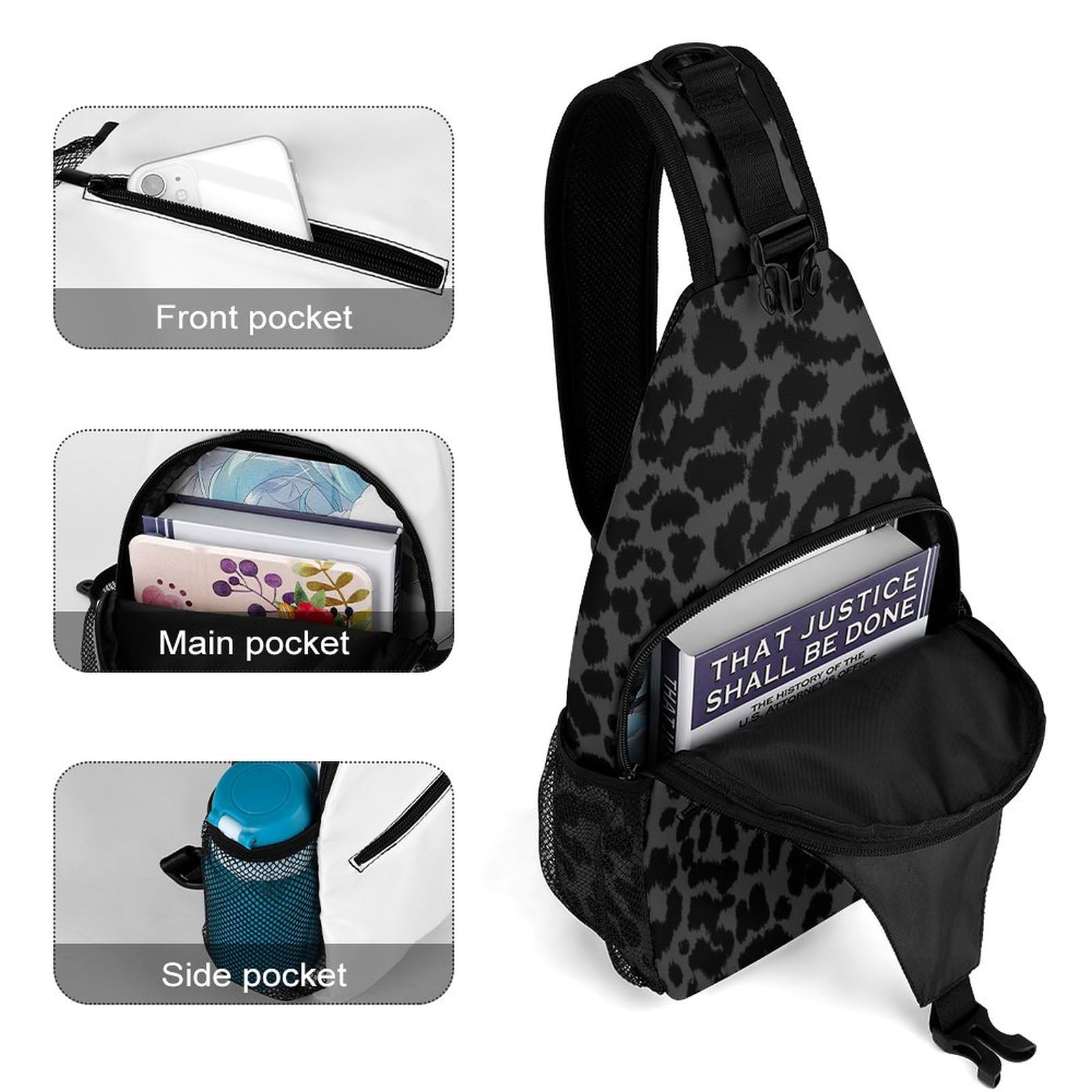 Small Sling Backpack for Men Women, Dark Gray Black Leopard Cheetah Print Chest Bag Sports Gym Daypack Cross Body Bag for Hiking Traveling Outdoors