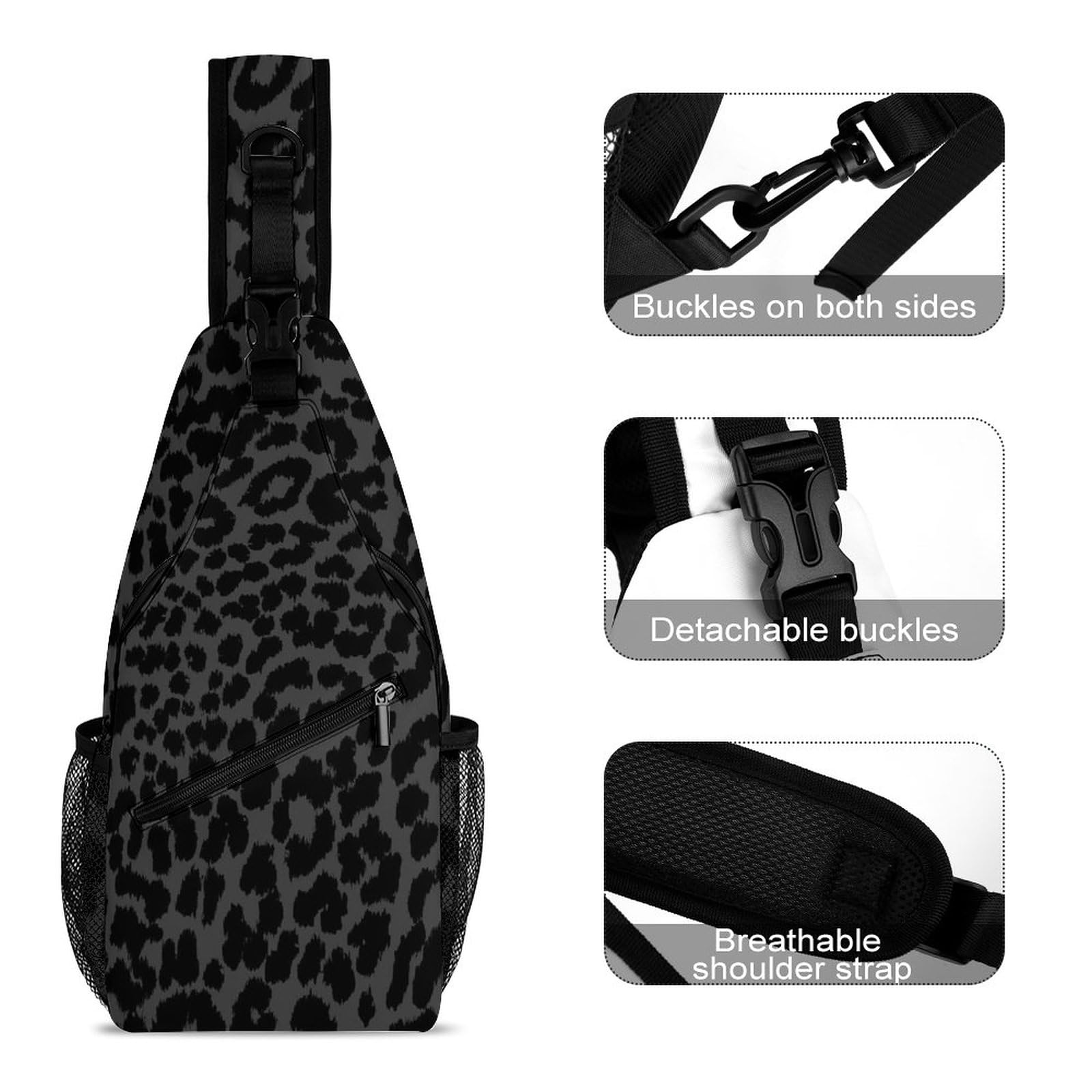 Small Sling Backpack for Men Women, Dark Gray Black Leopard Cheetah Print Chest Bag Sports Gym Daypack Cross Body Bag for Hiking Traveling Outdoors