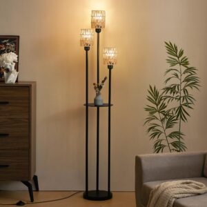 lediary 65" boho floor lamp for living room rattan floor lamp with shelves, 3 led bulbs included standing lamp, floor lamp for living room, bedroom, office