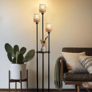 LEDIARY 65" Boho Floor Lamp for Living Room Rattan Floor Lamp with Shelves, 3 LED Bulbs Included Standing Lamp, Floor Lamp for Living Room, Bedroom, Office