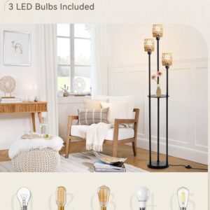 LEDIARY 65" Boho Floor Lamp for Living Room Rattan Floor Lamp with Shelves, 3 LED Bulbs Included Standing Lamp, Floor Lamp for Living Room, Bedroom, Office