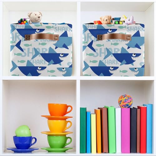 Blue Cartoon Shark Storage Basket Bins Foldable Laundry Hamper Toy Storage Bins Box Organizer for Home Boys Girls Office Closet Shelf Nursery Baskets,1 pcs