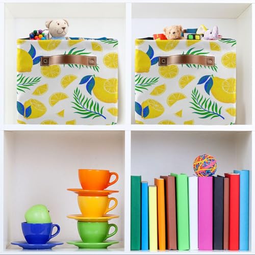 Lemons Leaves Storage Basket Bins Decorative Toy Organizer Bins Laundry Hamper Baskets with Handles for Pet Books Clothes Makeup Nursery Closet Office,2 pcs