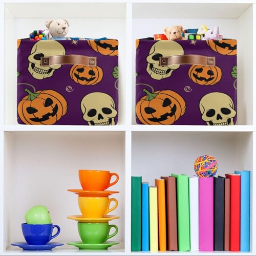 Halloween Pumpkin Skull Storage Basket Bins Sturdy Toy Storage Organizer Bins Laundry Basket with Handles for Playroom Living Bed Room Office Clothes Nursery,1 pcs