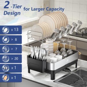 Gxpxlx 2 Tier Dish Drying Rack, 304 Stainless Steel Drying Dishwashing Rack with 360° Rotating Spout, Auto-Drain Dish Drainers with Drainboard, Utensil Holder, Large Dishrack for Kitchen Counter