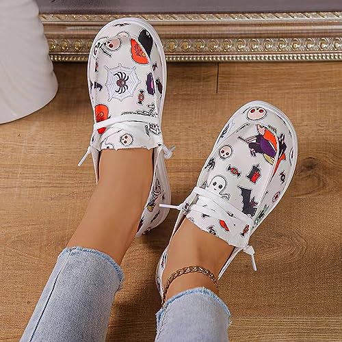 Halloween Shoes for Women,Women's Slip on Canvas Loafers Shoes for Women Low Top Sneakers,Women's Halloween Themed Loafers Casual Comfort Fashion Sneakers Pumpkin Printed Lace Up Walking Shoes