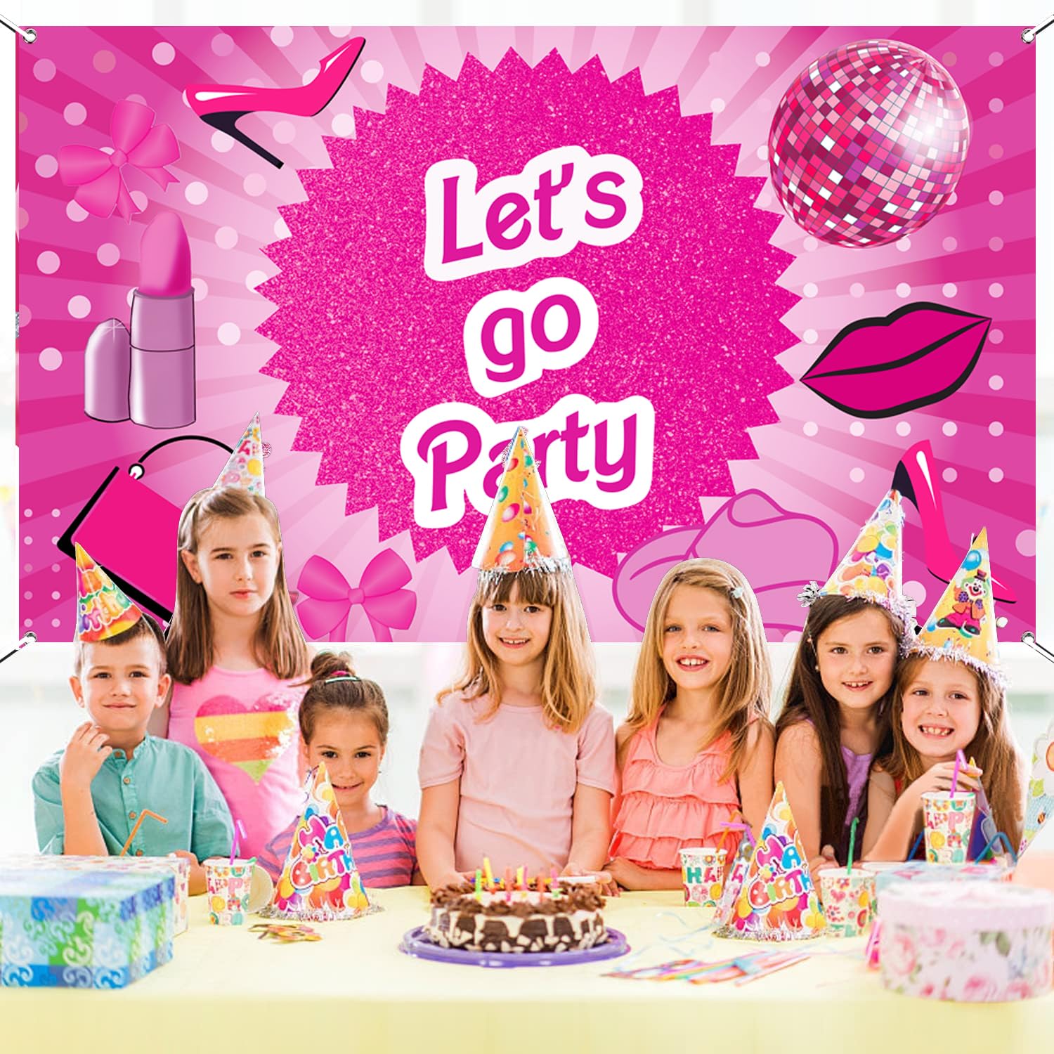 Hot Pink Let's Go Party Banner Princess Themed Banner Photo Frame Photography Background Girls Women Birthday Bachelorette Party Banner Decorations Photo Props Party Favor