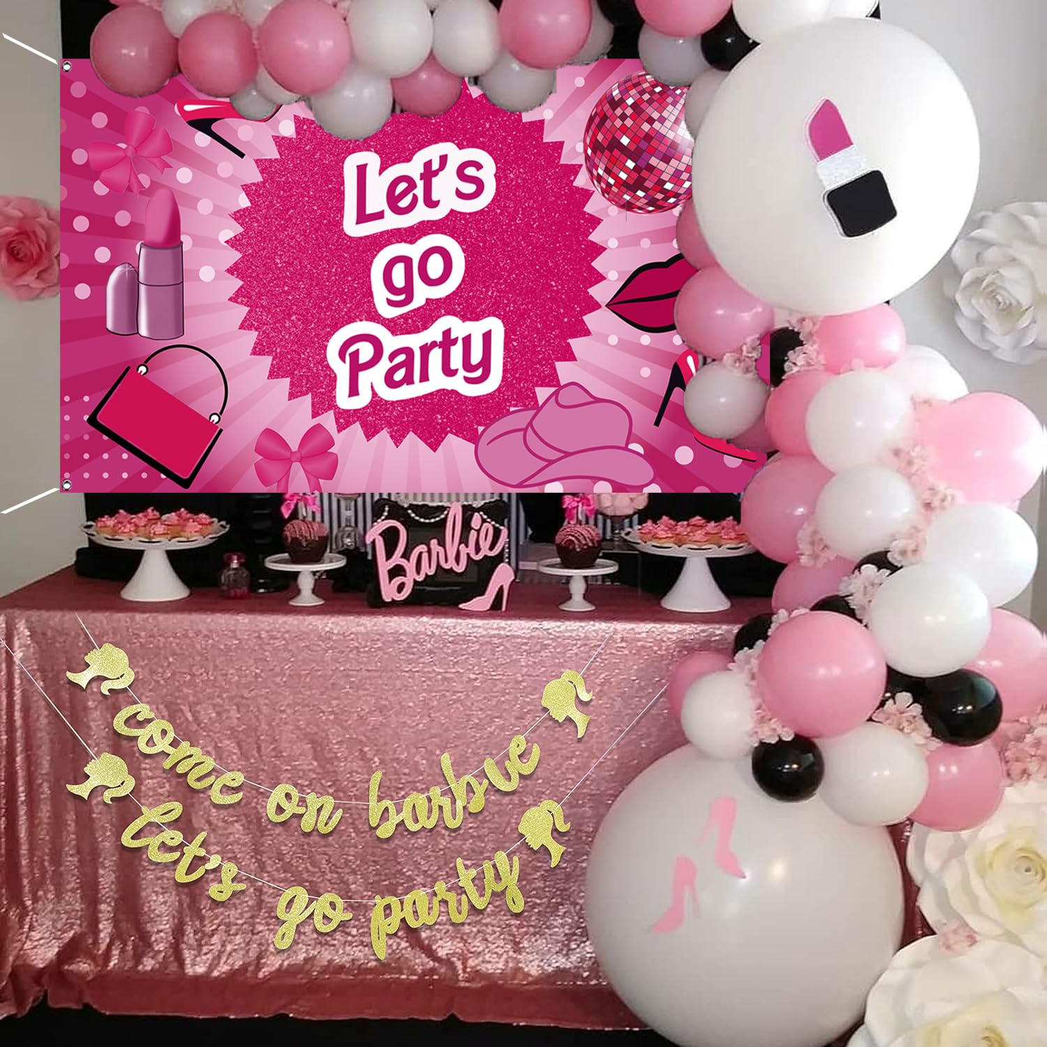 Hot Pink Let's Go Party Banner Princess Themed Banner Photo Frame Photography Background Girls Women Birthday Bachelorette Party Banner Decorations Photo Props Party Favor