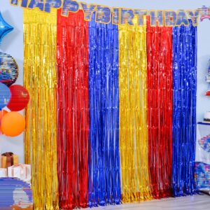 lolstar paw birthday decorations,2 pack gold red and blue birthday party supplies 3.3 x 6.6ft tinsel foil fringe curtains photo booth props backdrop streamers, house doorway room decor for kids
