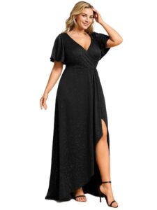 ever-pretty women's plus size a-line v neck maxi high low winter fall ball gowns party dresses black us18